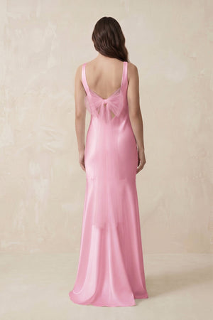 Mermaid Scoop Neck Satin Bridesmaid Dress with Bow in Pink - KISS BRIDAL Bridesmaid Dresses