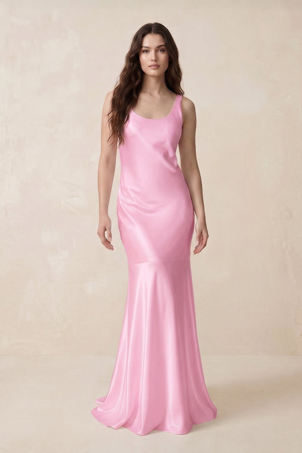 Mermaid Scoop Neck Satin Bridesmaid Dress with Bow in Pink - KISS BRIDAL Bridesmaid Dresses