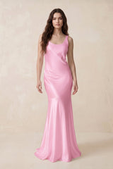Mermaid Scoop Neck Satin Bridesmaid Dress with Bow in Pink - KISS BRIDAL Bridesmaid Dresses