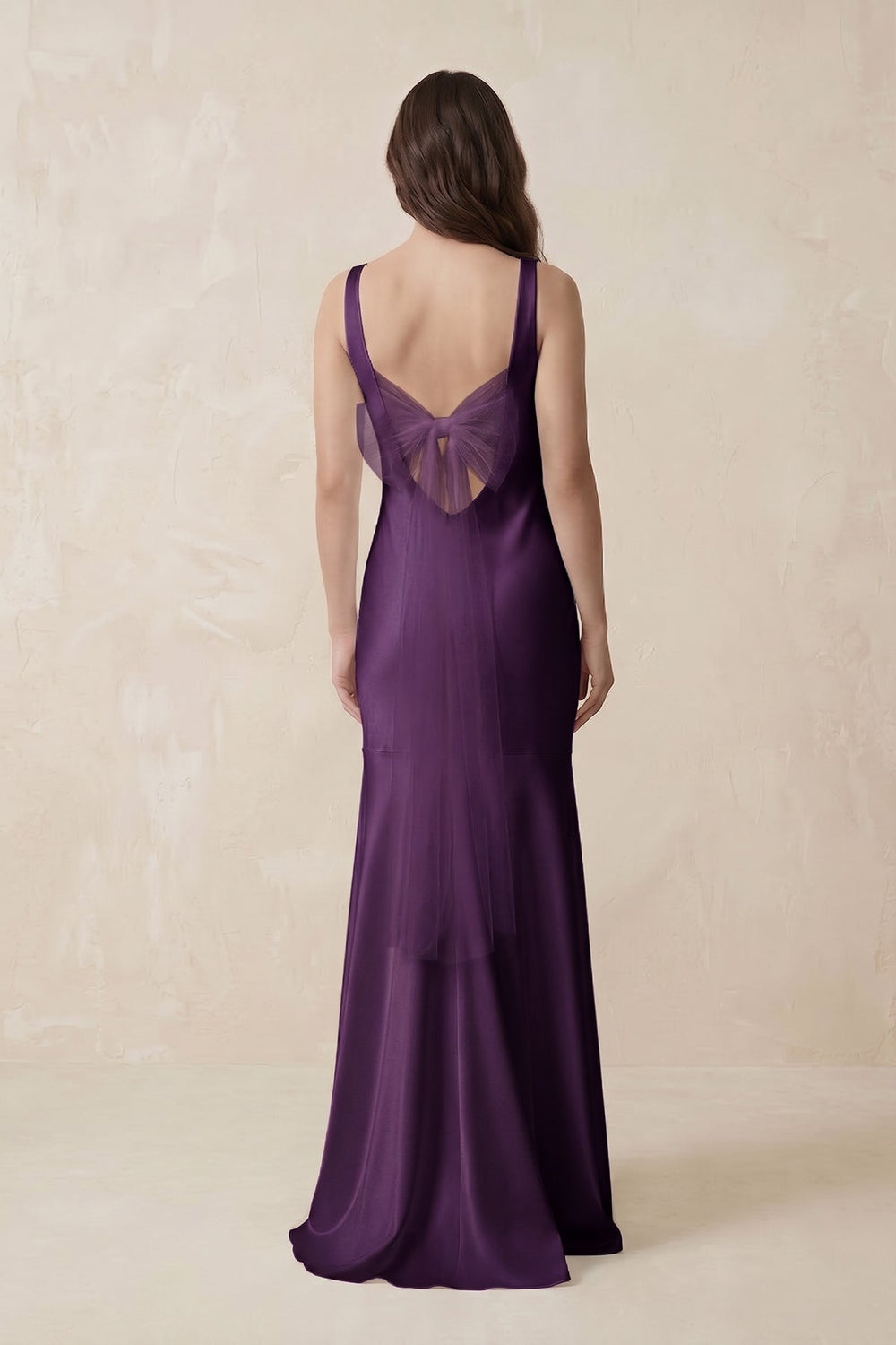 Mermaid Scoop Neck Satin Bridesmaid Dress with Bow in Plum - KISS BRIDAL Bridesmaid Dresses