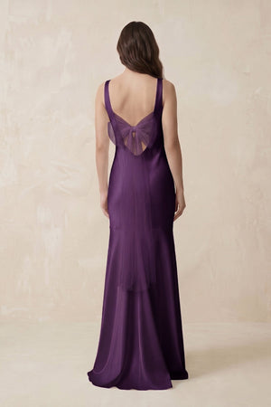 Mermaid Scoop Neck Satin Bridesmaid Dress with Bow in Plum - KISS BRIDAL Bridesmaid Dresses