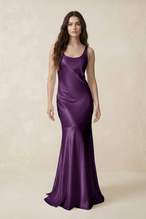Mermaid Scoop Neck Satin Bridesmaid Dress with Bow in Plum - KISS BRIDAL Bridesmaid Dresses