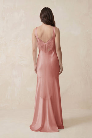 Mermaid Scoop Neck Satin Bridesmaid Dress with Bow in Rose Petal - KISS BRIDAL Bridesmaid Dresses