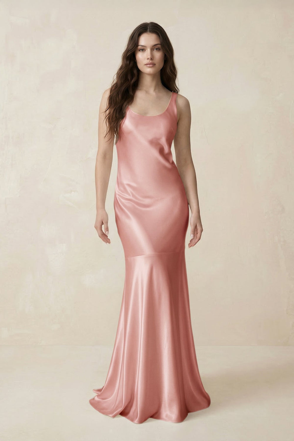 Mermaid Scoop Neck Satin Bridesmaid Dress with Bow in Rose Petal - KISS BRIDAL Bridesmaid Dresses