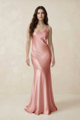 Mermaid Scoop Neck Satin Bridesmaid Dress with Bow in Rose Petal - KISS BRIDAL Bridesmaid Dresses