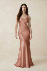 Mermaid Scoop Neck Satin Bridesmaid Dress with Bow in Rosette - KISS BRIDAL Bridesmaid Dresses