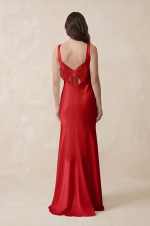 Mermaid Scoop Neck Satin Bridesmaid Dress with Bow in Ruby Red - KISS BRIDAL Bridesmaid Dresses