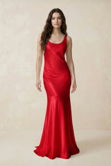 Mermaid Scoop Neck Satin Bridesmaid Dress with Bow in Ruby Red - KISS BRIDAL Bridesmaid Dresses