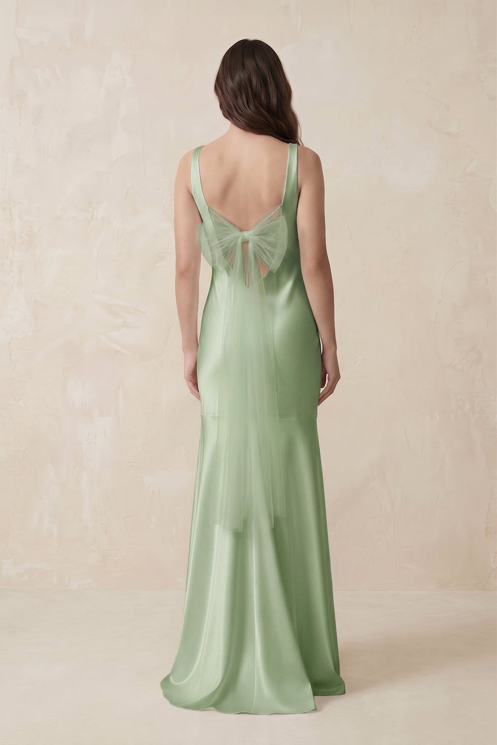 Mermaid Scoop Neck Satin Bridesmaid Dress with Bow in Sage - KISS BRIDAL Bridesmaid Dresses