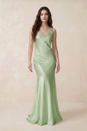 Mermaid Scoop Neck Satin Bridesmaid Dress with Bow in Sage - KISS BRIDAL Bridesmaid Dresses