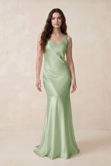 Mermaid Scoop Neck Satin Bridesmaid Dress with Bow in Sage - KISS BRIDAL Bridesmaid Dresses