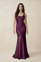 Mermaid Scoop Neck Satin Bridesmaid Dress with Bow in Sangria - KISS BRIDAL Bridesmaid Dresses