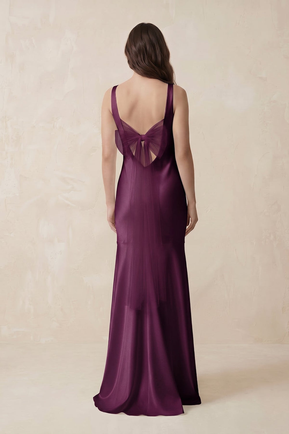 Mermaid Scoop Neck Satin Bridesmaid Dress with Bow in Sangria - KISS BRIDAL Bridesmaid Dresses