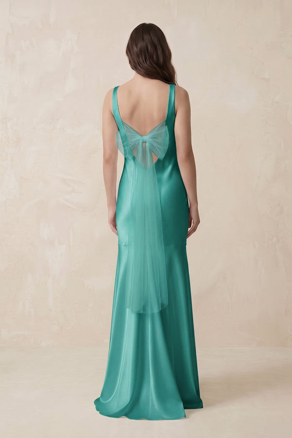 Mermaid Scoop Neck Satin Bridesmaid Dress with Bow in Sea Glass - KISS BRIDAL Bridesmaid Dresses
