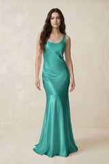 Mermaid Scoop Neck Satin Bridesmaid Dress with Bow in Sea Glass - KISS BRIDAL Bridesmaid Dresses