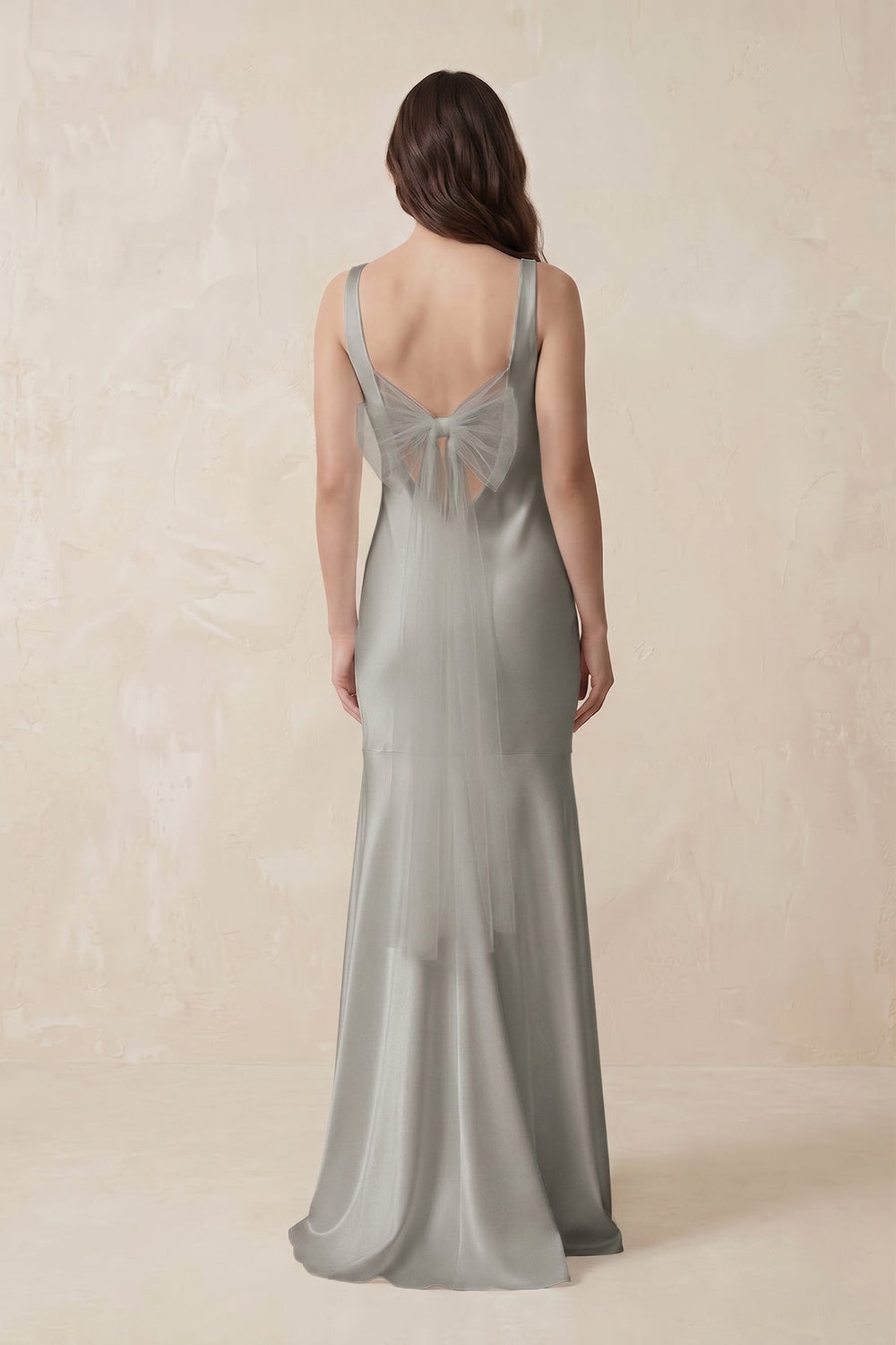 Mermaid Scoop Neck Satin Bridesmaid Dress with Bow in Silver - KISS BRIDAL Bridesmaid Dresses