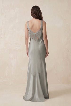 Mermaid Scoop Neck Satin Bridesmaid Dress with Bow in Silver - KISS BRIDAL Bridesmaid Dresses