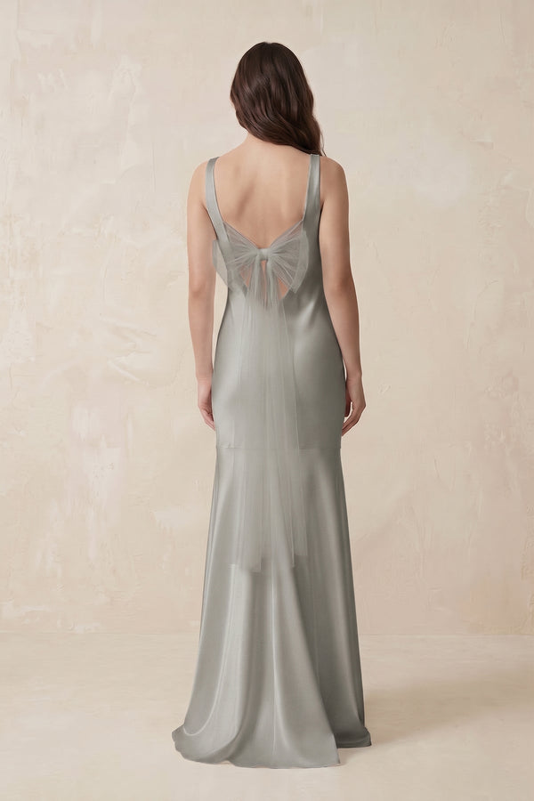 Mermaid Scoop Neck Satin Bridesmaid Dress with Bow in Silver - KISS BRIDAL Bridesmaid Dresses