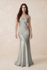 Mermaid Scoop Neck Satin Bridesmaid Dress with Bow in Silver - KISS BRIDAL Bridesmaid Dresses