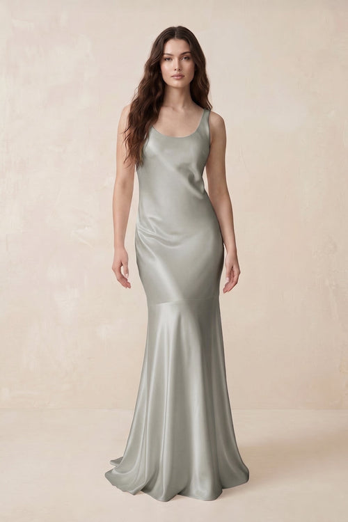 Mermaid Scoop Neck Satin Bridesmaid Dress with Bow in Silver - KISS BRIDAL Bridesmaid Dresses