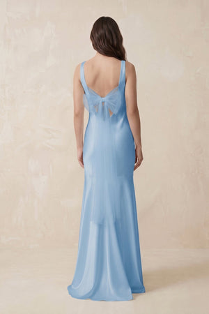 Mermaid Scoop Neck Satin Bridesmaid Dress with Bow in Sky Blue - KISS BRIDAL Bridesmaid Dresses