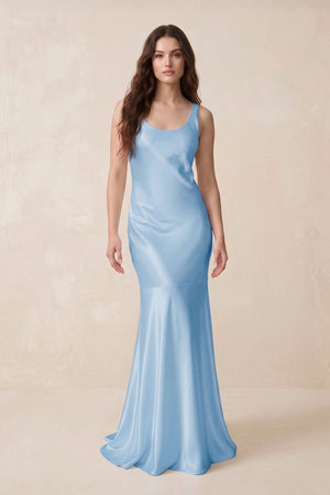 Mermaid Scoop Neck Satin Bridesmaid Dress with Bow in Sky Blue - KISS BRIDAL Bridesmaid Dresses
