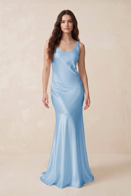 Mermaid Scoop Neck Satin Bridesmaid Dress with Bow in Sky Blue - KISS BRIDAL Bridesmaid Dresses
