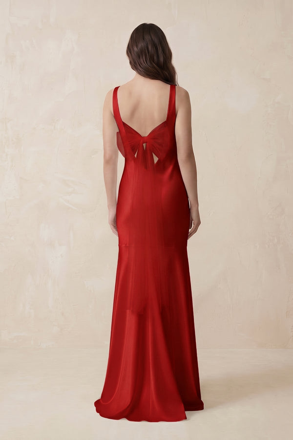 Mermaid Scoop Neck Satin Bridesmaid Dress with Bow in Spice - KISS BRIDAL Bridesmaid Dresses