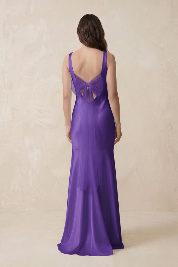 Mermaid Scoop Neck Satin Bridesmaid Dress with Bow in Tahiti - KISS BRIDAL Bridesmaid Dresses