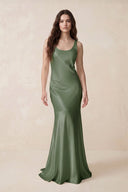 Mermaid Scoop Neck Satin Bridesmaid Dress with Bow in Thyme - KISS BRIDAL Bridesmaid Dresses