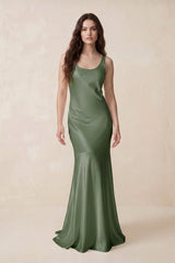 Mermaid Scoop Neck Satin Bridesmaid Dress with Bow in Thyme - KISS BRIDAL Bridesmaid Dresses