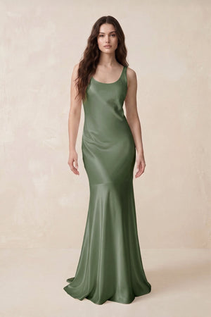 Mermaid Scoop Neck Satin Bridesmaid Dress with Bow in Thyme - KISS BRIDAL Bridesmaid Dresses