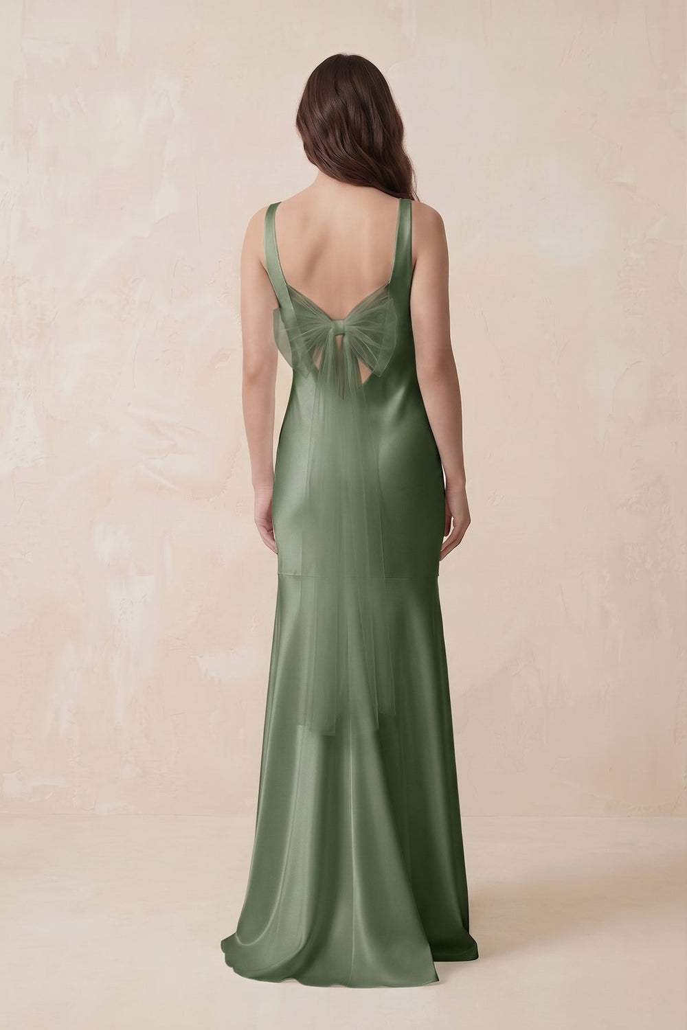 Mermaid Scoop Neck Satin Bridesmaid Dress with Bow in Thyme - KISS BRIDAL Bridesmaid Dresses