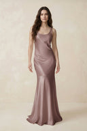 Mermaid Scoop Neck Satin Bridesmaid Dress with Bow in Toffee - KISS BRIDAL Bridesmaid Dresses