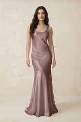 Mermaid Scoop Neck Satin Bridesmaid Dress with Bow in Toffee - KISS BRIDAL Bridesmaid Dresses