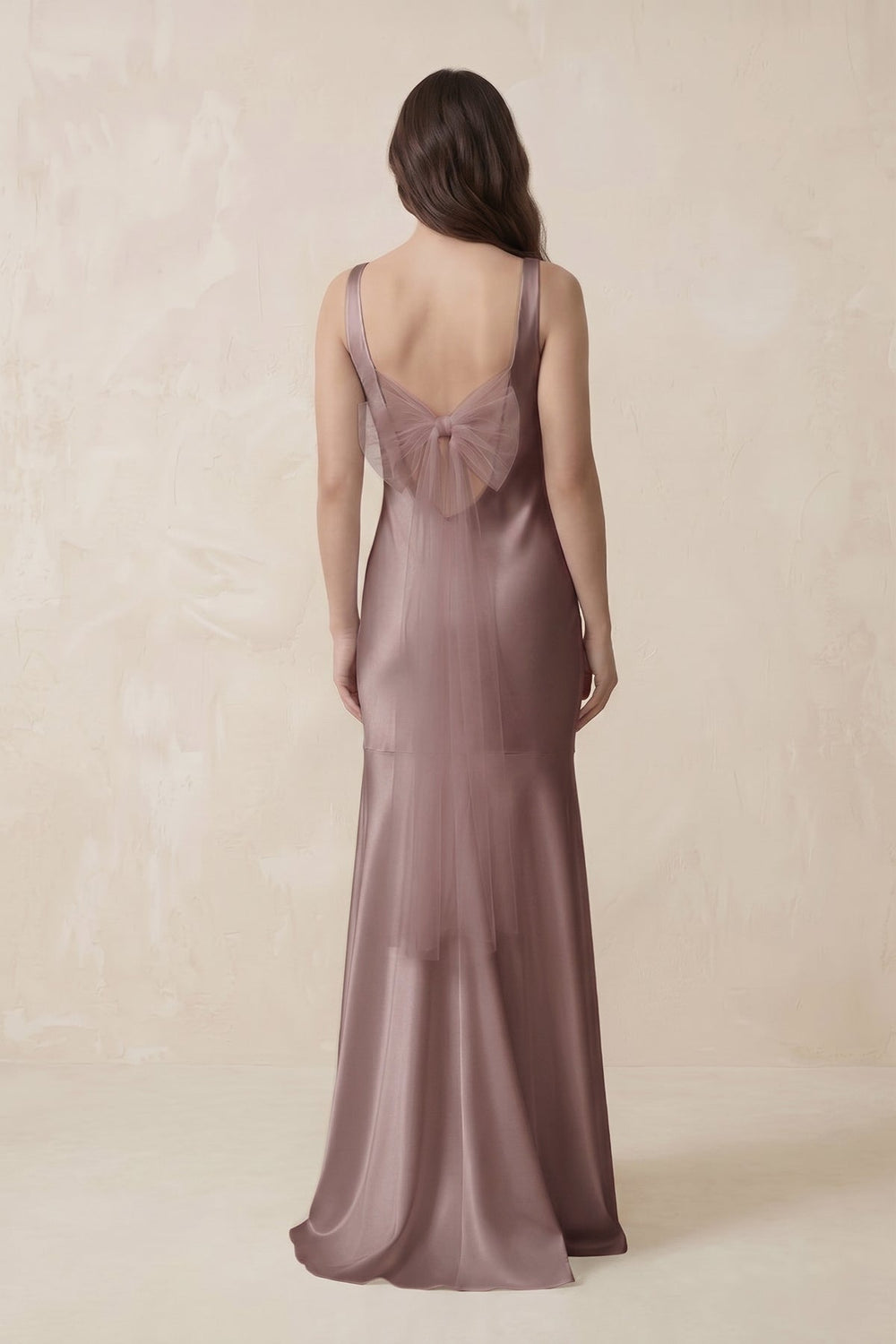 Mermaid Scoop Neck Satin Bridesmaid Dress with Bow in Toffee - KISS BRIDAL Bridesmaid Dresses