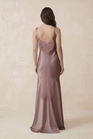 Mermaid Scoop Neck Satin Bridesmaid Dress with Bow in Toffee - KISS BRIDAL Bridesmaid Dresses
