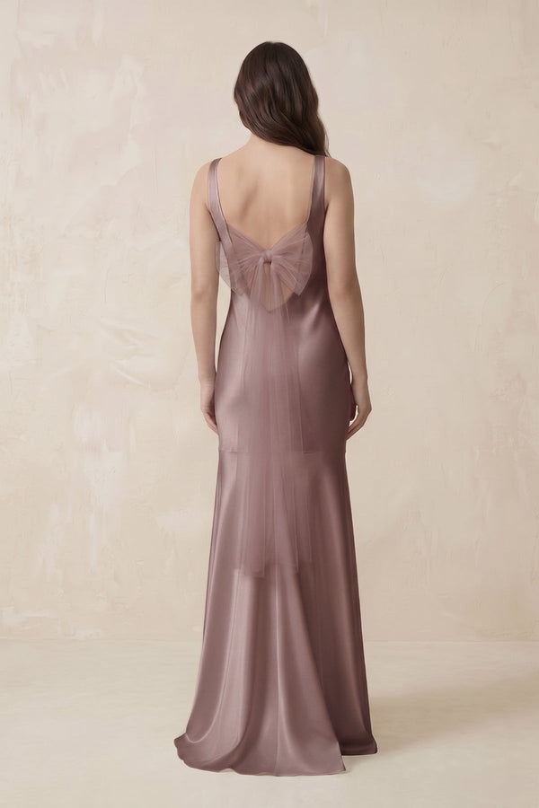 Mermaid Scoop Neck Satin Bridesmaid Dress with Bow in Toffee - KISS BRIDAL Bridesmaid Dresses