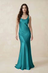 Mermaid Scoop Neck Satin Bridesmaid Dress with Bow in Turquoise - KISS BRIDAL Bridesmaid Dresses