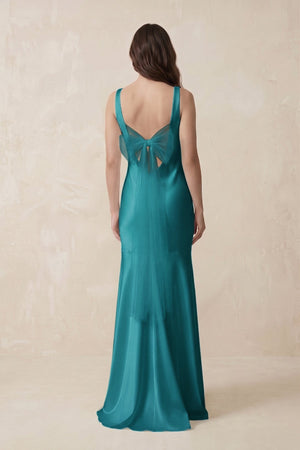 Mermaid Scoop Neck Satin Bridesmaid Dress with Bow in Turquoise - KISS BRIDAL Bridesmaid Dresses