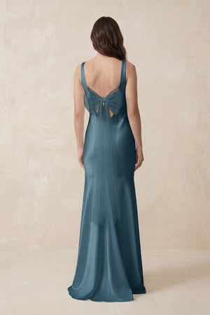 Mermaid Scoop Neck Satin Bridesmaid Dress with Bow in Twilight - KISS BRIDAL Bridesmaid Dresses