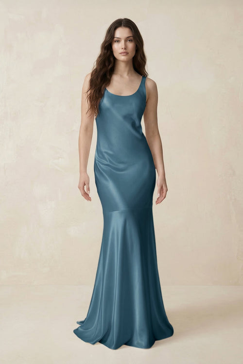 Mermaid Scoop Neck Satin Bridesmaid Dress with Bow in Twilight - KISS BRIDAL Bridesmaid Dresses