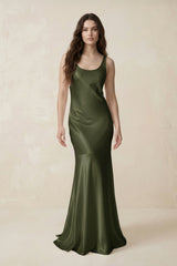 Mermaid Scoop Neck Satin Bridesmaid Dress with Bow in Willow Green - KISS BRIDAL Bridesmaid Dresses