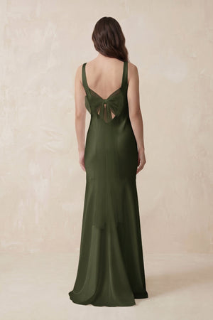 Mermaid Scoop Neck Satin Bridesmaid Dress with Bow in Willow Green - KISS BRIDAL Bridesmaid Dresses