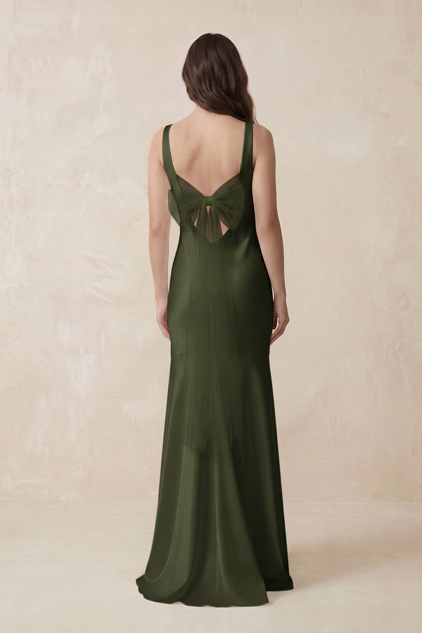 Mermaid Scoop Neck Satin Bridesmaid Dress with Bow in Willow Green - KISS BRIDAL Bridesmaid Dresses
