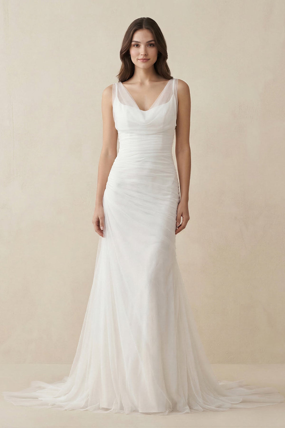Mermaid Cowl Neck Tulle Wedding Dress in White - KISS BRIDAL Wedding Dresses