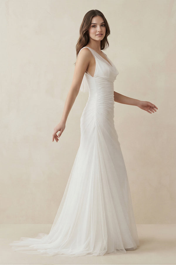 Mermaid Cowl Neck Tulle Wedding Dress in White - SHE IS ME Wedding Dresses