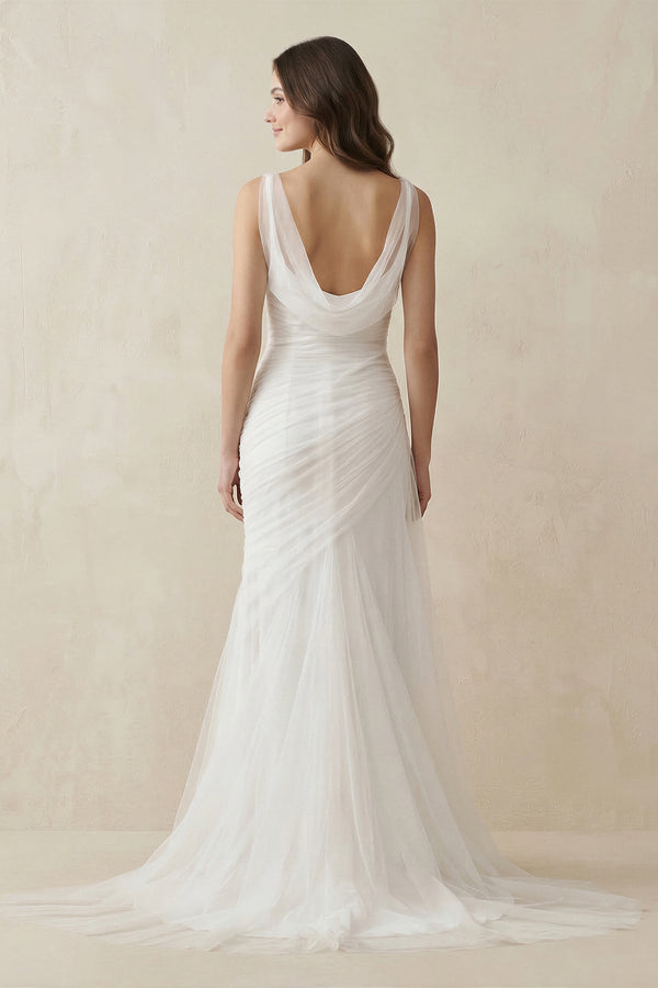 Mermaid Cowl Neck Tulle Wedding Dress in White - SHE IS ME Wedding Dresses