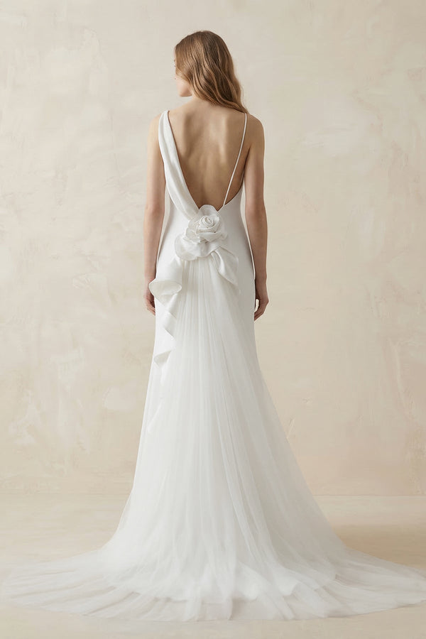 Mermaid Crepe Cowl Neck Wedding Dress with Train in White - SHE IS ME Wedding Dresses