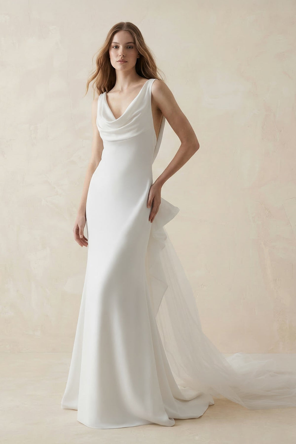 Mermaid Crepe Cowl Neck Wedding Dress with Train in White - KISS BRIDAL Wedding Dresses